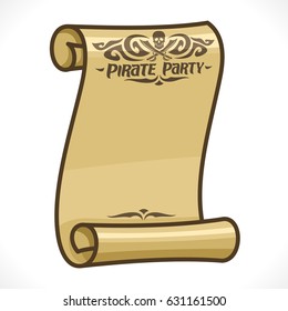 Vector image of parchment scroll for Pirate Party theme: skull and crossed swords in header, inscription title text - pirates party, buccaneers mascot with jolly roger symbol, old papyrus manuscript.