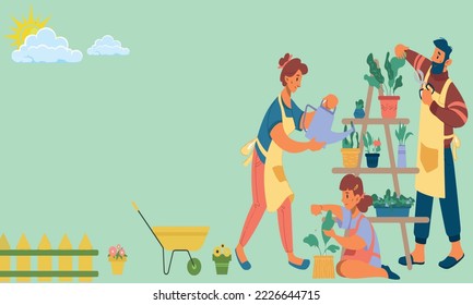 imagen vectorial de padres y plantas de plantación infantil en macetas en su jardín