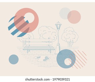 Vector image of a park with a lantern and a bench