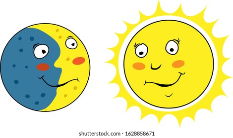 Vector image of a partially illuminated planet moon and sun