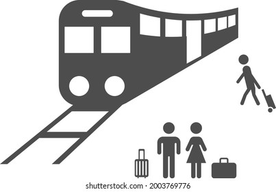 Vector image of passengers boarding a train. Flat design of a black vector icon for advertising, applications, web button logo, interface elements isolated on a white background.