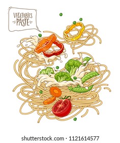 vector image pasta with vegetables and cream sauce on white background