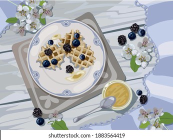 Vector image in pastel colors. The view from the top. Belgian waffles with blueberries and blackberries. Plate and saucepan with honey on the table. Everything is decorated with Apple flowers.