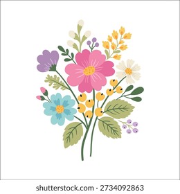 vector image of pastel floral bouquet with yellow berries in flat decorative folk style, clean simple botanical shapes, solid color petals and leaves, charming naive illustration, white background
