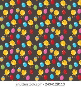 Vector image of a pattern with chickens and Easter eggs.