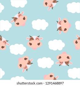 Vector image pattern cow with many clouds on blue background