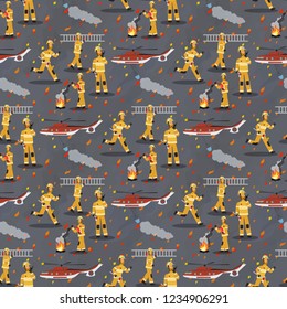 Vector image Pattern Group Firefighter Helicopter. Set Vector Illustration Cartoon Seamless image Group Firefighter Work and Helicopter Isolated on Gray Background. Concept gift Wrapping, cards