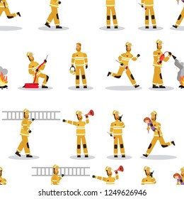 Vector image Pattern Groups Firefighter at Work. Set Vector Illustration Seamless image Groups Firefighters at Work Isolated on White Background. Concept gift Wrapping, cards, Paper bags