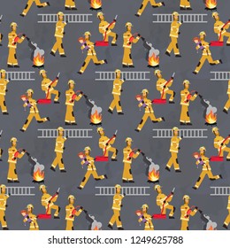 Vector image Pattern Groups Firefighters at Work. Set Vector Illustration Seamless image Groups Firefighter at Work Isolated on Gray Background. Concept gift Wrapping, cards, Paper bags