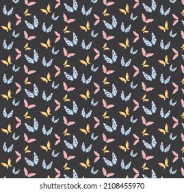 Vector image with a pattern of multicolored butterflies on a black background