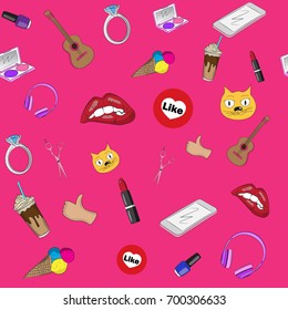 Vector image of a pattern on a pink background with different elements