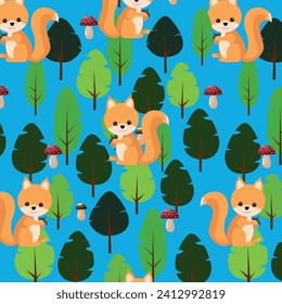 A vector image. A pattern for printing, a children's illustration. A cute squirrel holds a nut, a forest and mushrooms in the background.