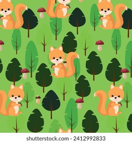 A vector image. A pattern for printing, a children's illustration. A cute squirrel holds a nut, a forest and mushrooms in the background.