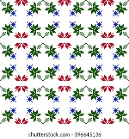 Vector Image. The pattern for seamless texture of embroidery. The colors red and green. Ornament from leaves and flowers. Pixel graphics.