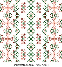  Vector Image. The pattern for seamless texture of embroidery. The colors red and green. Ornament from leaves and flowers. Pixel graphics.