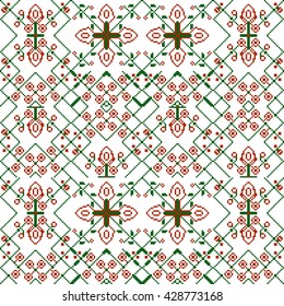  Vector Image. The pattern for seamless texture of embroidery. The colors red and green. Ornament from leaves and flowers. Pixel graphics.