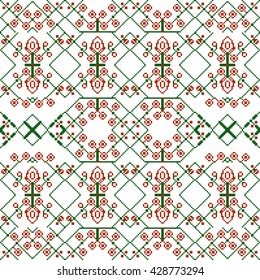  Vector Image. The pattern for seamless texture of embroidery. The colors red and green. Ornament from leaves and flowers. Pixel graphics.