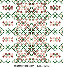  Vector Image. The pattern for seamless texture of embroidery. The colors red and green. Ornament from leaves and flowers. Pixel graphics.