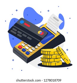 vector image of payment terminal for Bank cards, plastic Bank card, gold coins