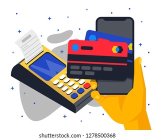 vector image of payment terminal for payment by Bank cards, credit cards are in the phone, wireless payment for purchases, hand holding smartphone