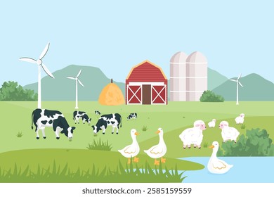 Vector image of a peaceful farm with cows, sheep, and ducks grazing on a lush green field. A red barn and rolling mountains in the background complete this rural landscape.