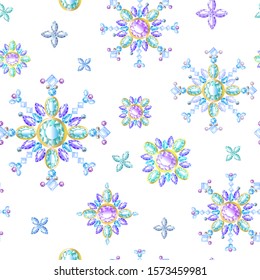 Vector image, pearls, diamonds, blue sapphires,snowflakes.Jewelry, seamless pattern.Fabric design,Christmas design,snow,cover,packing paper, postcards, jewelry packaging.