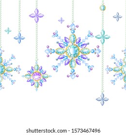 Vector image, pearls, diamonds, blue sapphires, snowflakes.Jewelry, seamless pattern.Fabric design,Christmas design,snow,cover,packing paper, postcards, jewelry packaging.