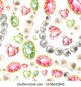Vector image, pearls, pink diamonds, green emeralds.Jewelry, seamless pattern.Fabric design, Valentine's day,cover,packing paper, postcards, jewelry packaging.