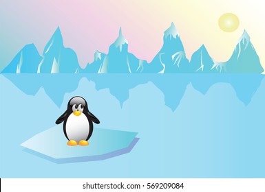 Vector image - Penguin on the ice in the mountains in the ocean at sunset