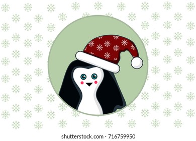 Vector image of a penguin in a Santa Claus hat. A pile of gifts. The idea for the new year. It can be used to design websites, postcards, etc.