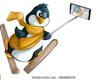 Imagen vectorial de un pingüino esquiando con un teléfono tomándose un selfie. Concepto. Caricatura. EPS 10