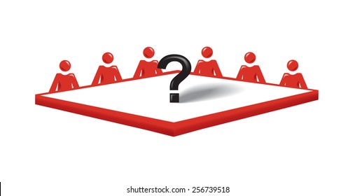 Vector image of people around a conference table with a question mark in the middle