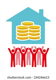 Vector image of people beneath a house with money