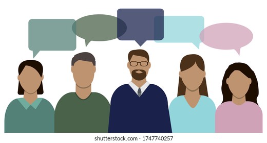 Vector image of people with conversation icons. Silhouettes of people in communication. Debate illustration.