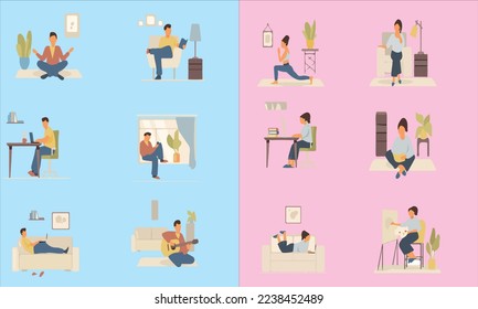 vector image of people doing their daily routine and what they do