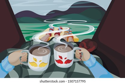 
Vector image of people drinking coffee from white mugs. People are sitting in a tent under a rug, a dog is sleeping next to them. The eyes of people are fixed on the mountains.