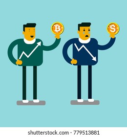 The vector image of people, the happy one - the growth of Bitcoin's crypto currency, the sad one - the fall of the dollar. Blockchain. Bitcoin.