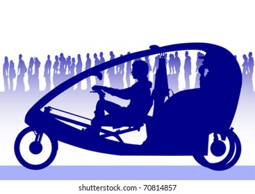 Vector image of people on velomobile on background of crowd