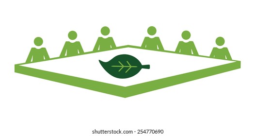 Vector image of people sat around a table with a leaf placed in the middle