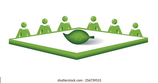 Vector image of people sat around a table with a leaf placed in the middle