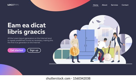 Vector image of people shopping at flea market. Cheap, urban, goods. Flea market concept for banner, website design or landing web page