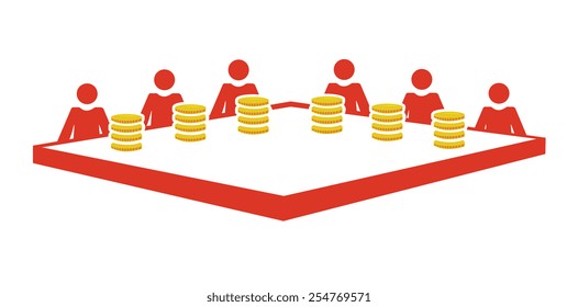 Vector image of people sitting around a table with money placed in front of them