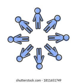 Imagen vectorial de personas paradas en círculo. Un equipo de gente. Trabajo en equipo. Icono que muestra amistad, interacción de personas estilo de caricatura sobre fondo blanco aislado.