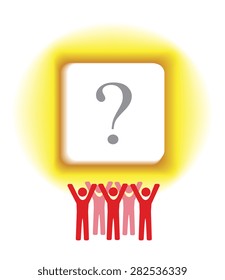 Vector image of people supporting a question mark on the background of a yellow glowing key/button