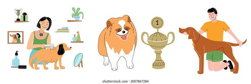 Vector image of people taking care of dogs. The dog is man's friend. Grooming. The girl is combing the dog. Winner, award
