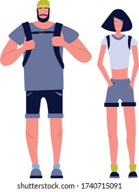 Vector image of people. Tourists. Man with a backpack. Girl. Boy. Woman. Male. Summer