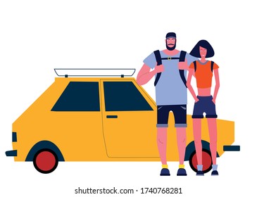 Vector image of people. Tourists. Man with a backpack. Girl. Boy. Woman. Male. Summer. Family travel by car.