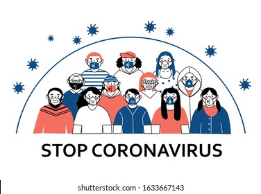 Vector image of people wearing medical masks protecting themselves from the virus. Coronavirus epidemic. Flash of influenza. Crowd of people.