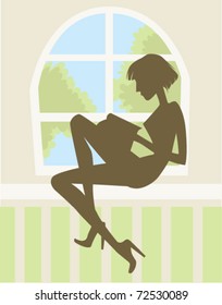 vector image of perfect girl reading near the window