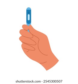 Vector image of a person holding a digital thermometer. Healthcare and fever screening concept